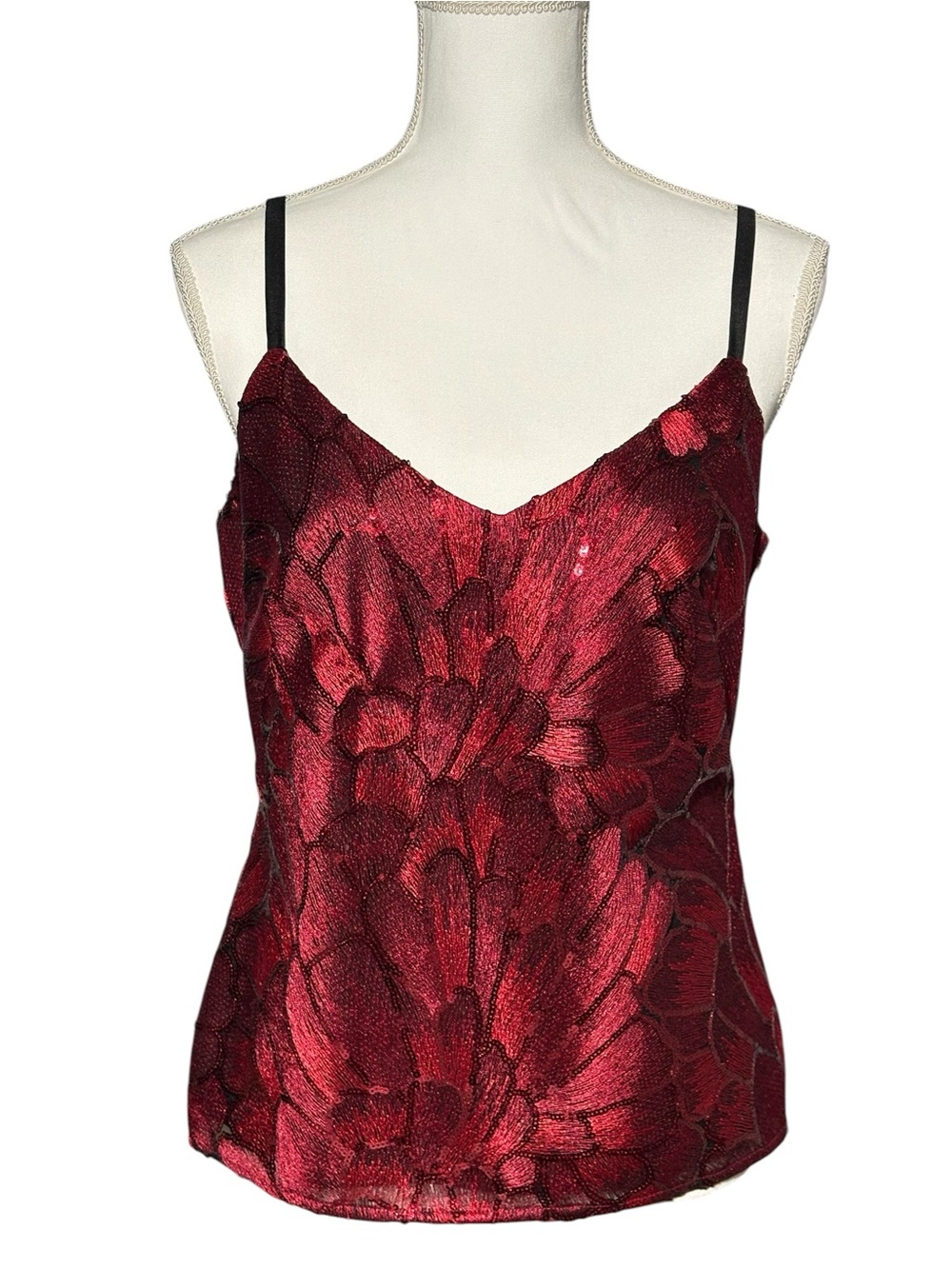 White House Black Market Red Floral Sequins Camisole Adjustable Straps S